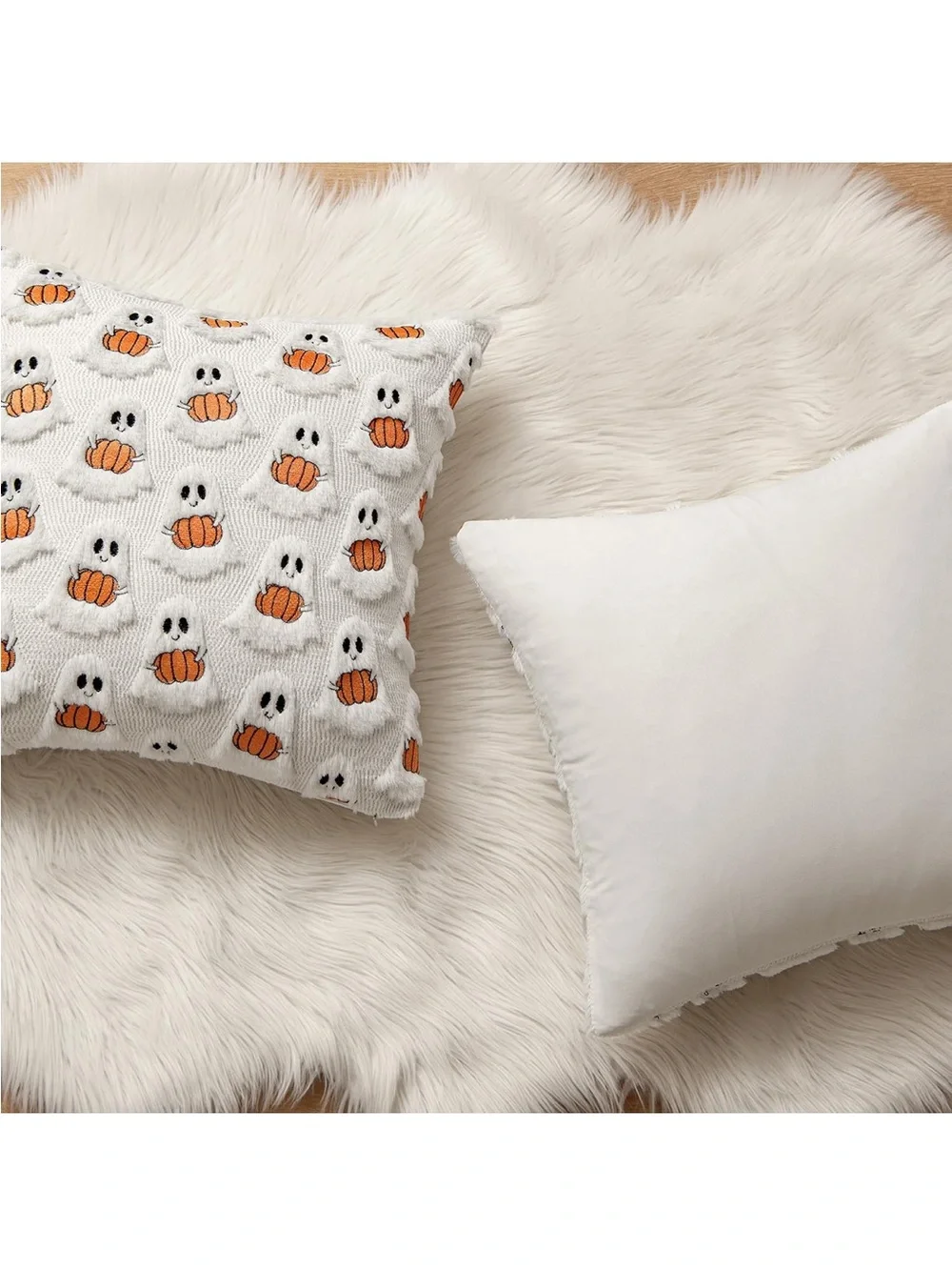 2 NWT Ghost & Pumpkin Embroidered Decorative Throw Cushions | Pillows. Faux Fur